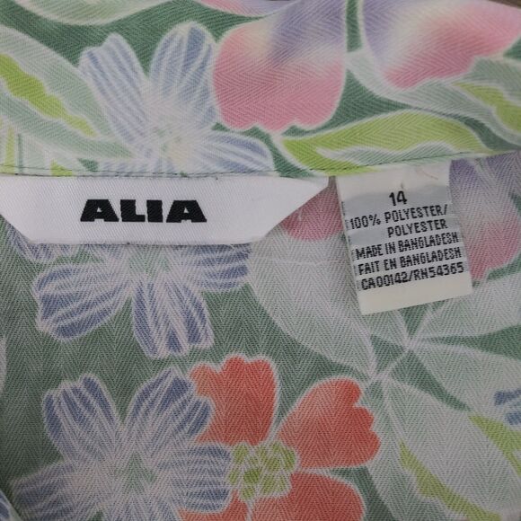 ALIA Shirt Womens Size 14 Green Floral Short Sleeve Collared Button Up Top - Picture 5 of 6